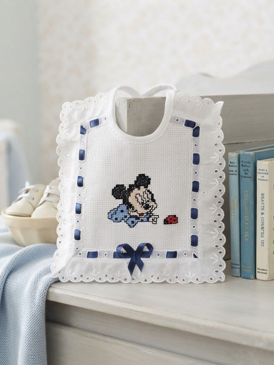 Bavaglino Neonato Artigianale in Puro Cotone con Ricamo a Punto Croce di Topolino e Dettagli in Raso Blu