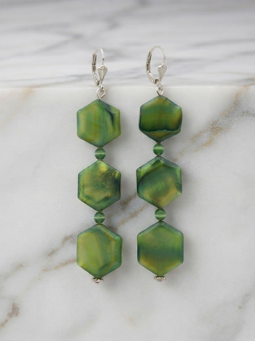 Orecchini pendenti eleganti in pietra esagonale verde